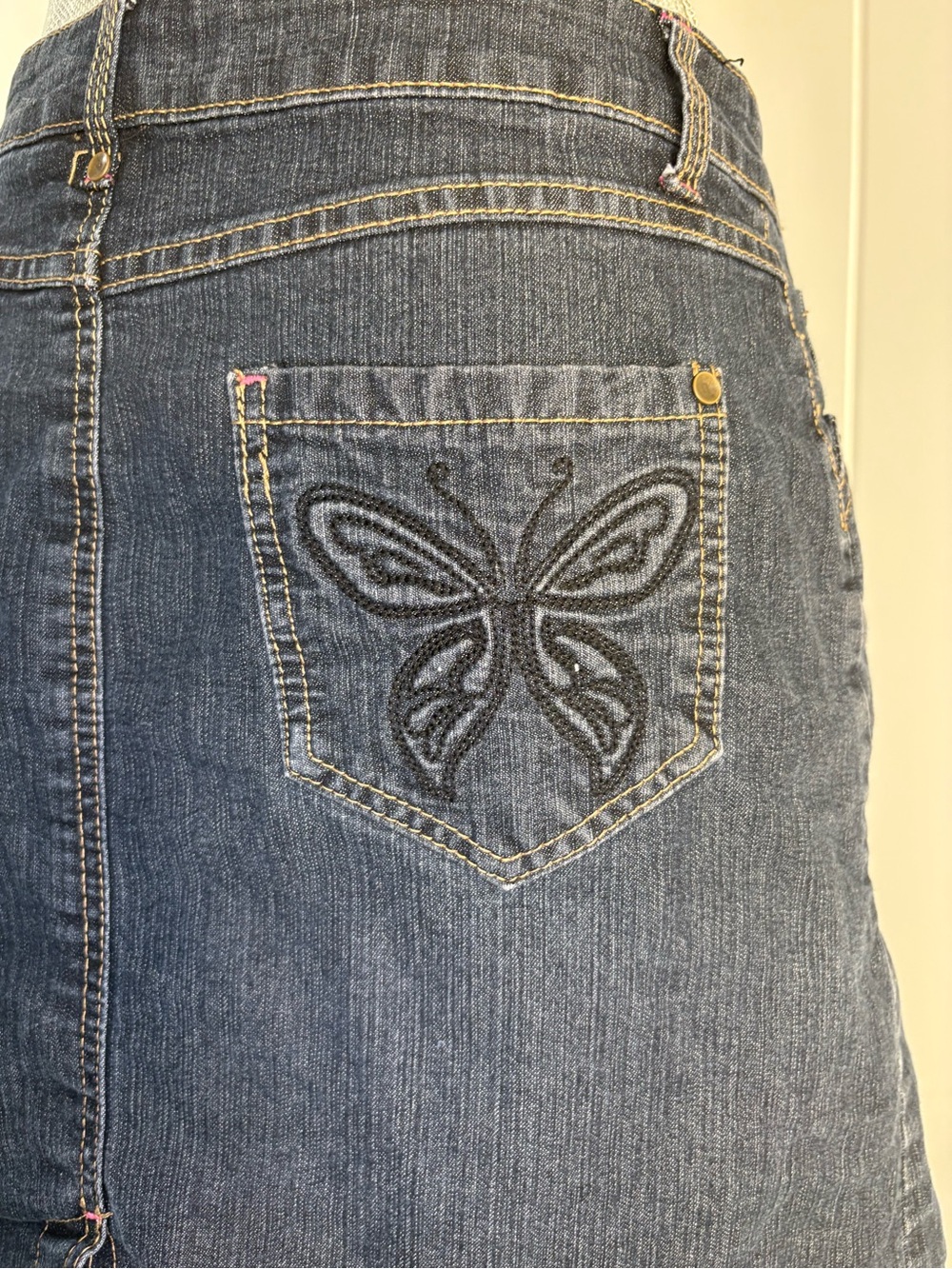 Dark Blue Denim Straight Skirt with Butterfly Embroidery
